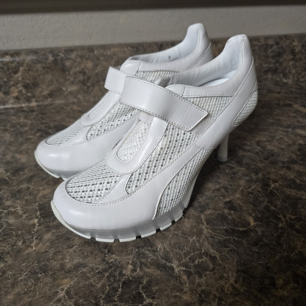 Sneex The Tepper High Heel Single Strap Sneakers White Mesh & Leather Size 8
